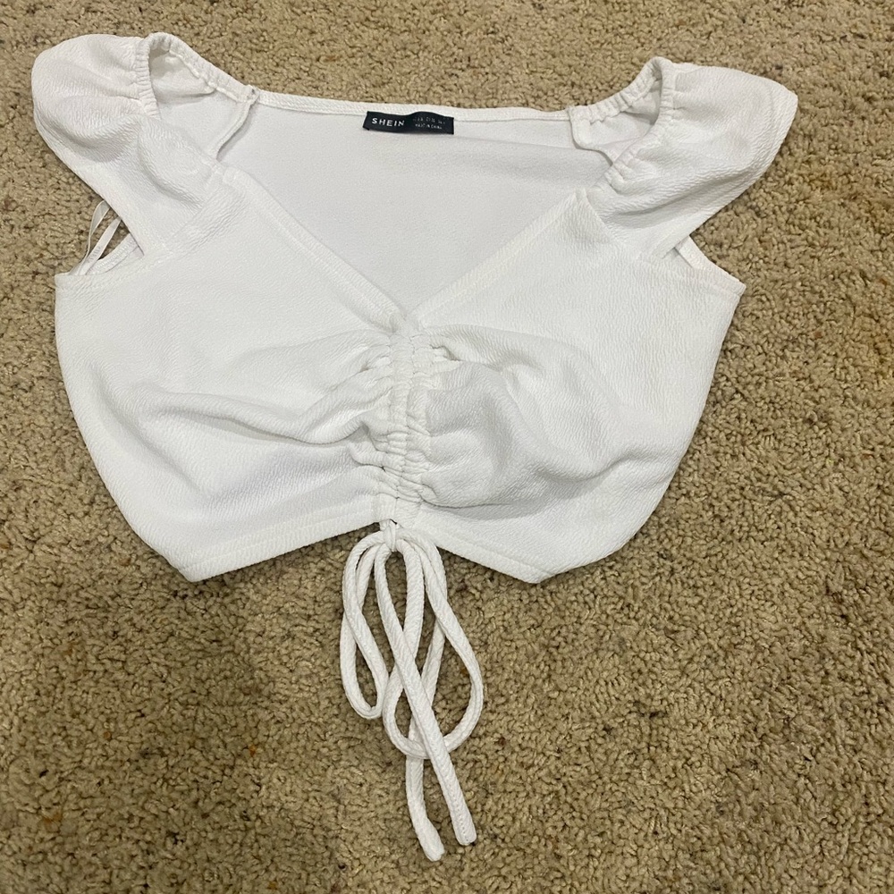 SHEIN White Ruched Front Tie Crop Top Puff Sleeve Size S-327